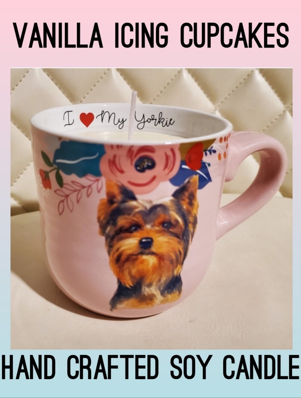 Vanilla Icing Cupcakes Yorkie Soy Candle Mug Hand Crafted